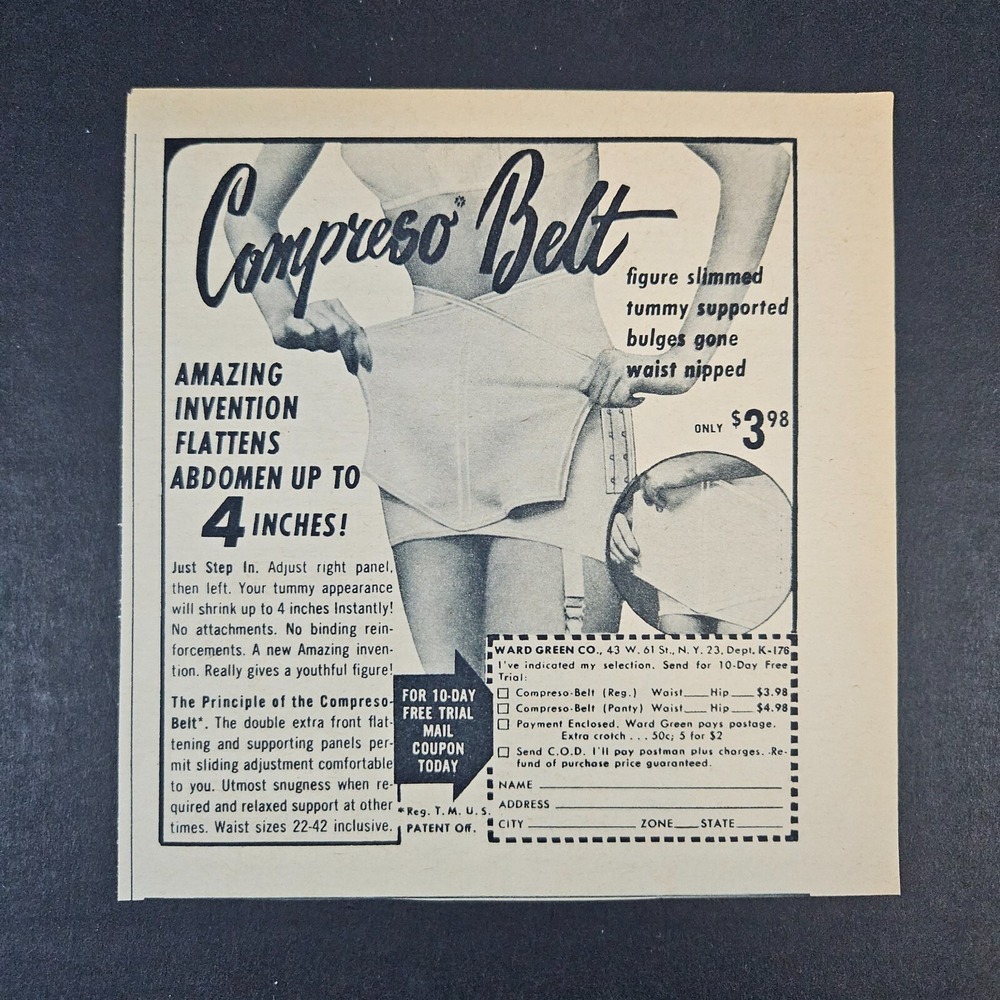 1961 Compreso Belt Tummy Bulge Slimming‎ Underwear Vintage Print Ad Waist Nipped